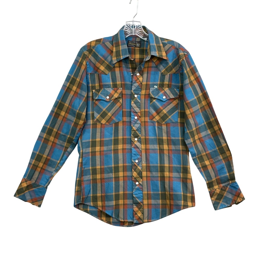 JCPenney Western Pearl Snap Shirt Mens 14.5-Medium Blue Orange Vintage Acrylic